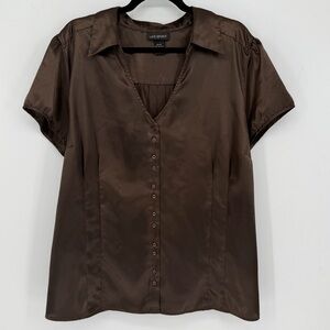 Brown Silky Collared Button down Plus Size Top